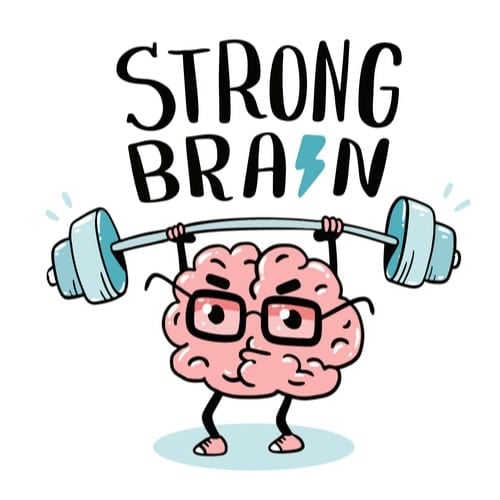 Cognitive skills training demonstrated with a brain lifting weights.