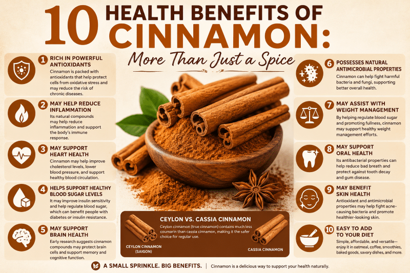 10 Health Benefits of Cinnamon infographic